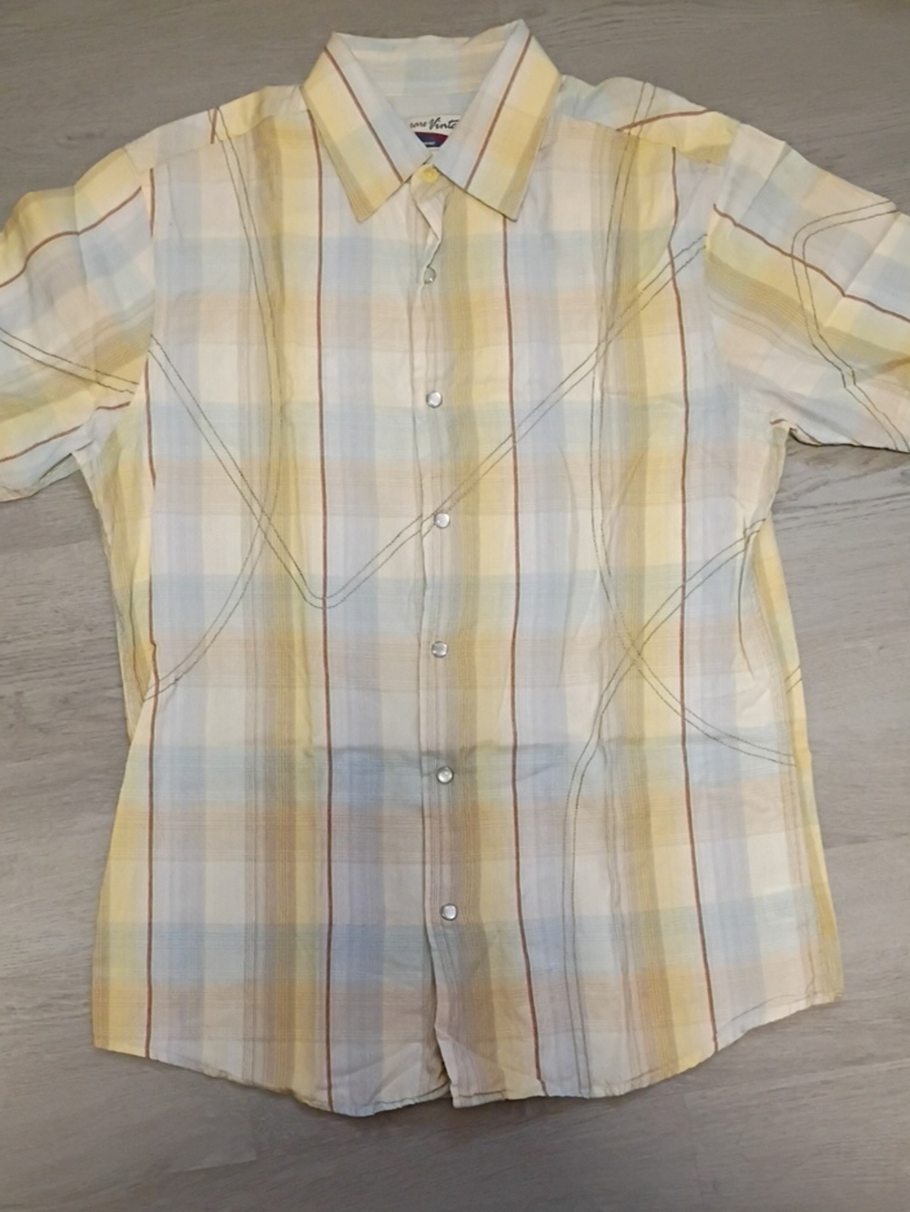 Vintage Men's Short-Sleeve Plaid Button-Down Shirt - Yellow Blue Cream